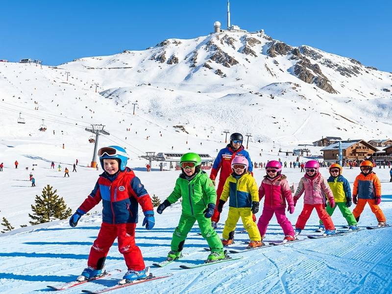 groupe d\élèves en cours de ski avec un moniteur, face au Pic du midi