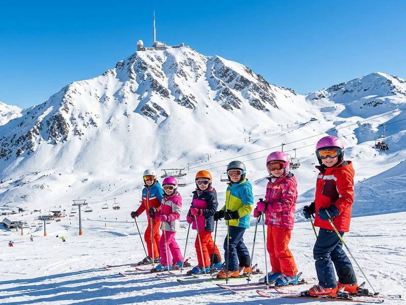 groupe d\élèves avec leur moniteur de ski devant le pic du midi de Bigorre