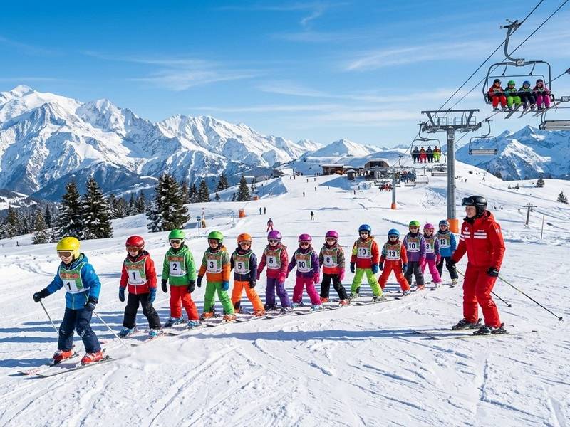 groupe d'élèves en ski avec un moniteur devant un télésiège